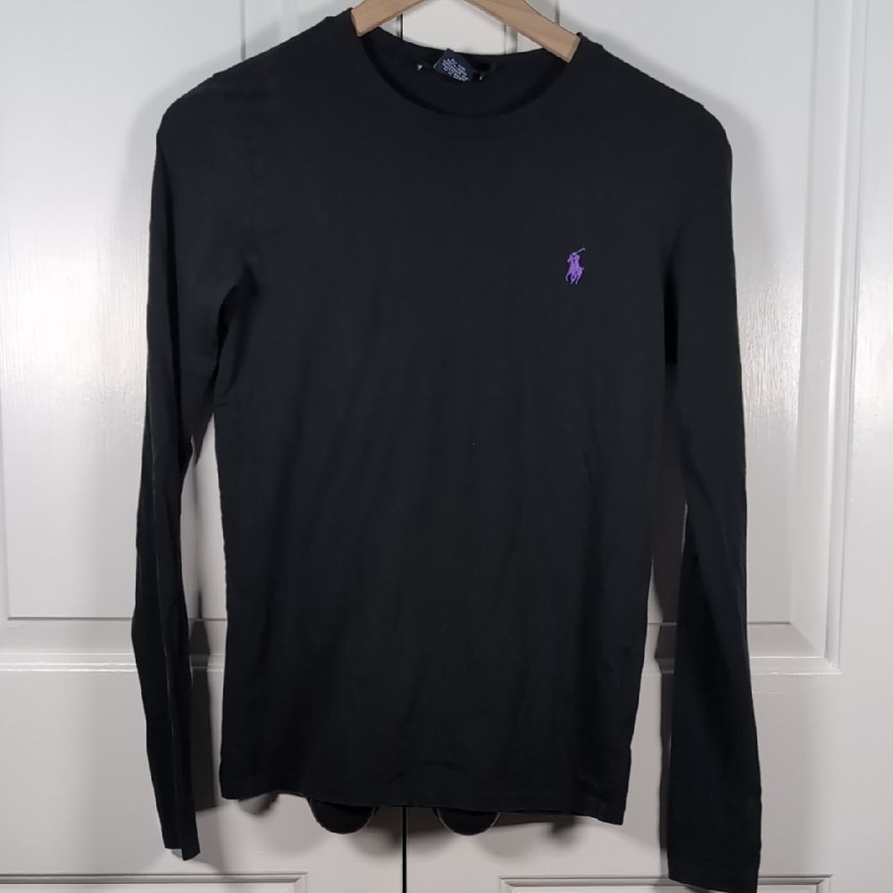 Vintage Ralph Lauren Sport Pima Cotton Black Long Sleeve Tee Purple Pony Logo M